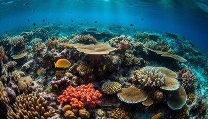 Fototapeta na wymiar Multi colored fish swim in a vibrant underwater reef landscape generated by AI