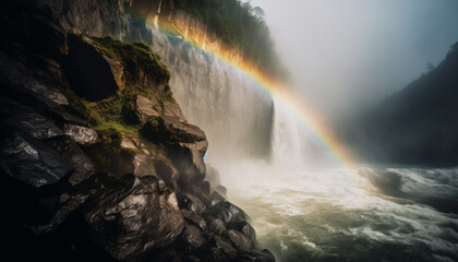 Fototapeta na wymiar Majestic mountain cliff, wet with flowing water, spray and fog generated by AI