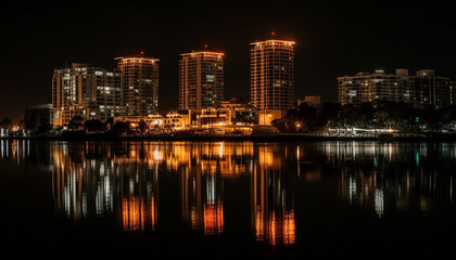 Fototapeta na wymiar Illuminated skyscrapers reflect on tranquil waterfront in vibrant cityscape generated by AI