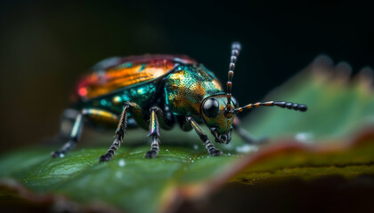 Naklejka premium Small arthropod on green leaf, multi colored weevil in focus foreground generated by AI