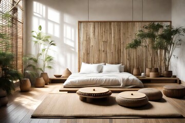 a serene, Zen-inspired bedroom with floor cushions, bamboo furniture, and minimalistic design.