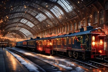 Fototapeta na wymiar a Christmas-themed train station with a holiday train.