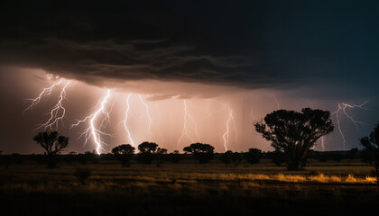 Dramatic sky, forked lightning, glowing horizon, wet meadow, spooky atmosphere generated by AI
