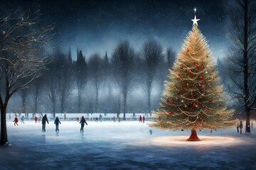 a festive outdoor ice skating rink with a Christmas tree. - obrazy, fototapety, plakaty