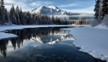 Fototapeta na wymiar Tranquil winter landscape: frozen mountain range, blue sky, icy water generated by AI