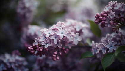 Fresh lilac blossom, macro beauty in nature, selective focus outdoors generated by AI