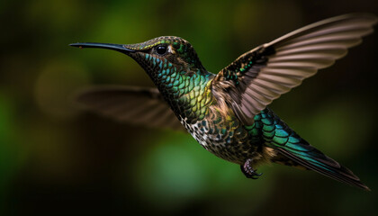 Fototapeta premium Hovering hummingbird flaps iridescent wings near purple flower in nature generated by AI