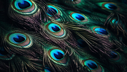 Obraz premium Vibrant peacock tail showcases beauty in nature multi colored elegance generated by AI