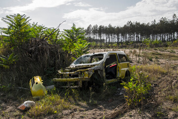 Destroyed car in the forest near Asotthalom