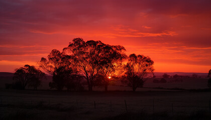 Fototapeta na wymiar Silhouette of acacia tree back lit by orange sunset sky generated by AI