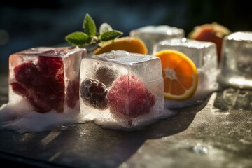 Fruit-filled ice cubes in a frozen setting. Generative AI