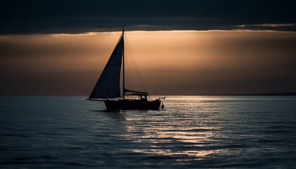 Sailing yacht glides on tranquil waves at sunset, pure relaxation generated by AI