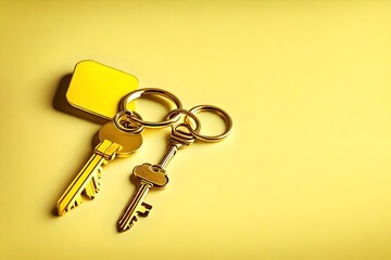 A golden key on a yellow keychain.
