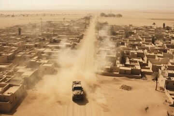 Aerial view town in a the middle east and military jeeps with machineguns drive through the desert, kicking up dust.