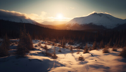 Tranquil winter landscape: mountain range, pine trees, and frozen beauty generated by AI