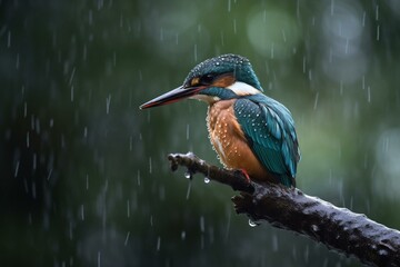 Fototapeta premium Rain-soaked kingfisher perched, colorful, bird. Generative AI
