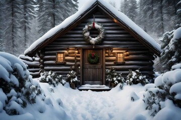 a snow-covered cabin with a wreath on the front door. - obrazy, fototapety, plakaty