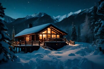 a snowy mountain cabin with twinkling lights.