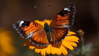 Vibrant butterfly wing in macro, pollinating a yellow flower outdoors generated by AI