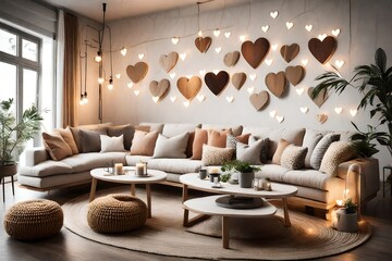 a cozy living room adorned with heart-shaped throw pillows.