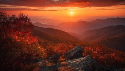 Majestic mountain peak backlit by sunrise, tranquil meadow, autumn colors generated by AI