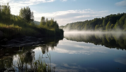 Tranquil scene of mountain range reflected in calm pond water generated by AI