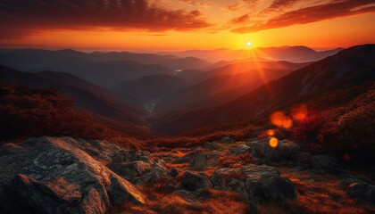 Tranquil sunset reflects beauty in nature on majestic mountain peak generated by AI