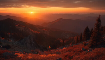 Majestic mountain peak back lit by sunset, a tranquil scene generated by AI