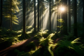 a serene forest landscape with sunlight filtering through the trees.