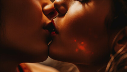 Two young adult females kissing in close up, expressing love generated by AI - obrazy, fototapety, plakaty