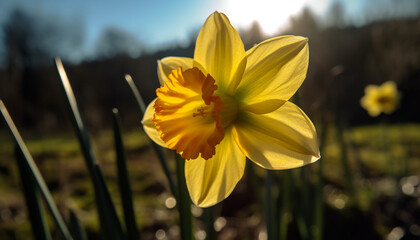 Vibrant yellow daffodil blossom in meadow, close up of petal generated by AI