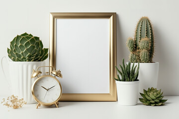 A white fake frame and plants in pots on a white desk at home. Yuka and cacti enclosed in a golden...