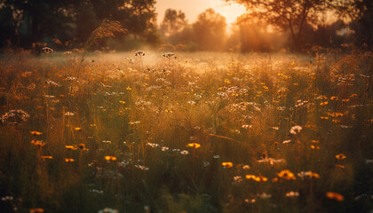 Vibrant wildflowers bloom in a rural meadow at sunset generated by AI