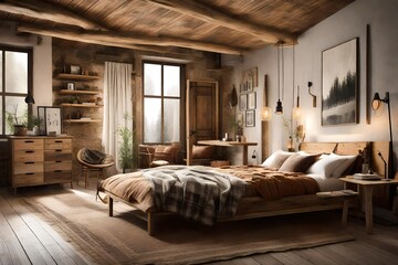 a rustic bedroom featuring wooden furniture, plaid cushions, and a warm, inviting atmosphere.