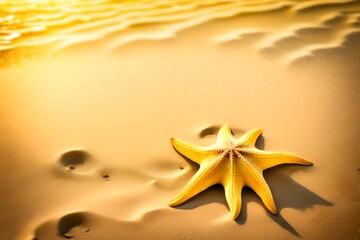 Fototapeta na wymiar A yellow starfish on a sandy yellow beach.