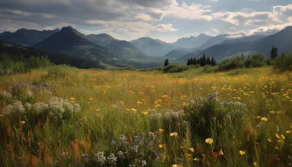 Obraz premium Mountain meadow blooms with yellow wildflowers under blue sky generated by AI