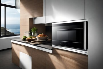 A stylish microwave oven with a view of a coastal cliff.