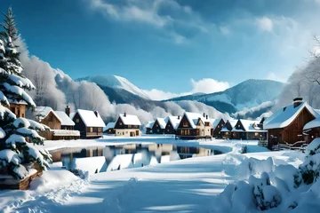 Poster a snowy winter landscape with a charming holiday village. © Fahad