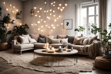 a cozy living room adorned with heart-shaped throw pillows.