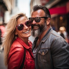 Smiling 50 year old man and woman in sunglasses hugging on a city street.