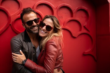 Young, smiling man and woman in sunglasses hugging next to a red-painted doorway. Horizontal image.