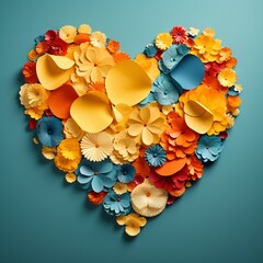Handmade heart with paper flowers in yellow, blue and orange tones hanging on a blue wall. Square image. 