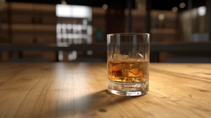 Fotobehang Verre de whisky, bourbon. Verre d'alcool avec glaçon. Luxe, élégance, soirée. Pour conception et création graphique. © FlyStun