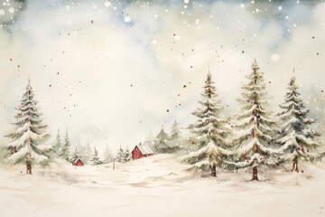 watercolour illustration of a colorful snowy christmas forest snow December cottage core in a painted textured style with pine trees for cards/journal/stationary design hand drawn look - obrazy, fototapety, plakaty