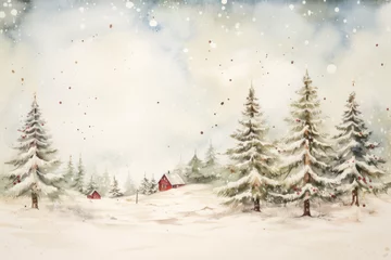 Rollo watercolour illustration of a colorful snowy christmas forest snow December cottage core in a painted textured style with pine trees for cards/journal/stationary design hand drawn look © MaryAnn