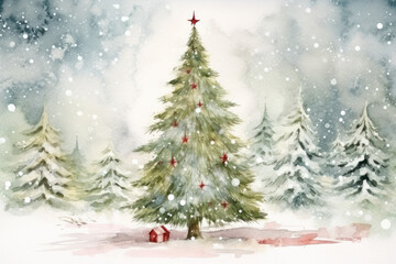 watercolour illustration of a colorful snowy christmas forest snow December cottage core in a painted textured style with pine trees for cards/journal/stationary design hand drawn look