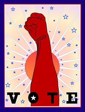 Vote poster with fist in the air, orange sun with rays and stars