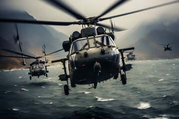 Helicopter squadron flying in the sky for operation - obrazy, fototapety, plakaty