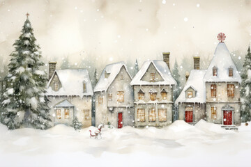 watercolour illustration of a colorful snowy christmas forest snow December cottage core in a painted textured style with little houses trees for cards/journal/stationary design hand drawn look