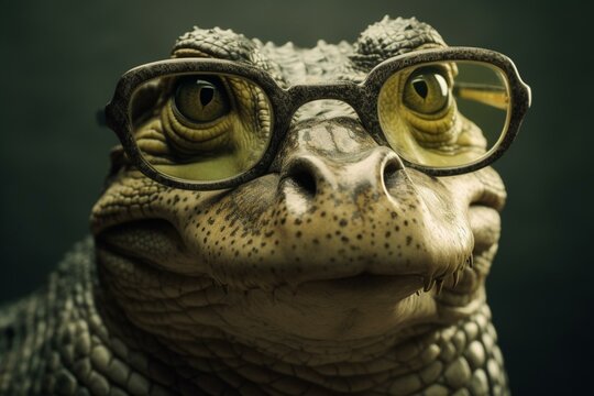 Image of a crocodile wearing glasses. Generative AI